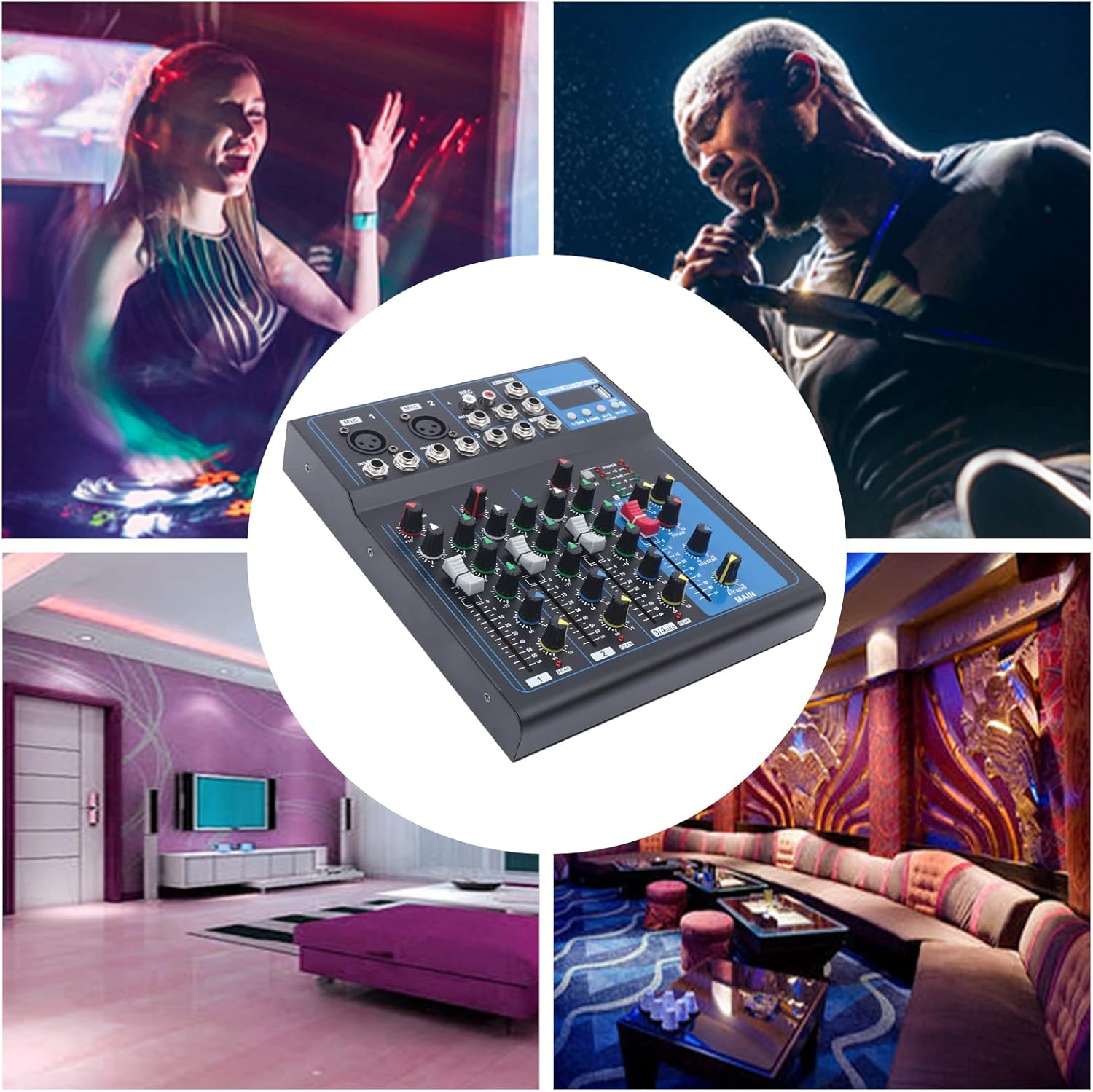 4 Channel Professional Wireless DJ Audio Mixer, USB Bluetooth Audio Stereo Speaker Home Audio Receiver Effects, 48V phantom Power for Home Theater System, Karaoke, Streaming