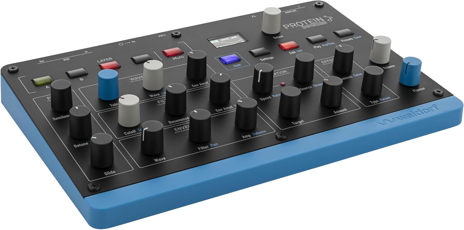 Waldorf Protein - 8 Voice Wavetable Synth with ASIC Microwave Oscillators, 4 Layers, Arpeggiator, Step Seencers, MPE, 2 Effect Slots, USB-MIDI, Compact and Lightweight