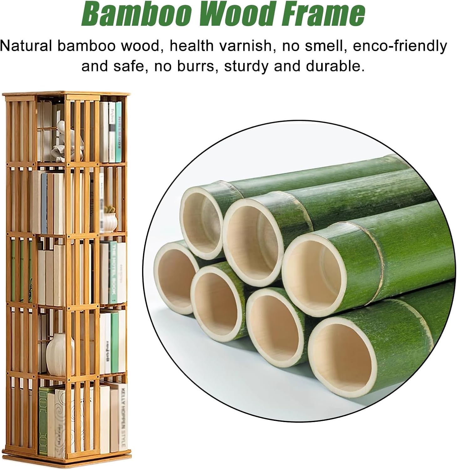 6 Tier Freestanding Books Magazine Documents Organizer Cabinet with Removable Book Stops & Foot Pad, 360 Rotating Bookshelf for Kids & Student, Home Commercial(Wood Color)