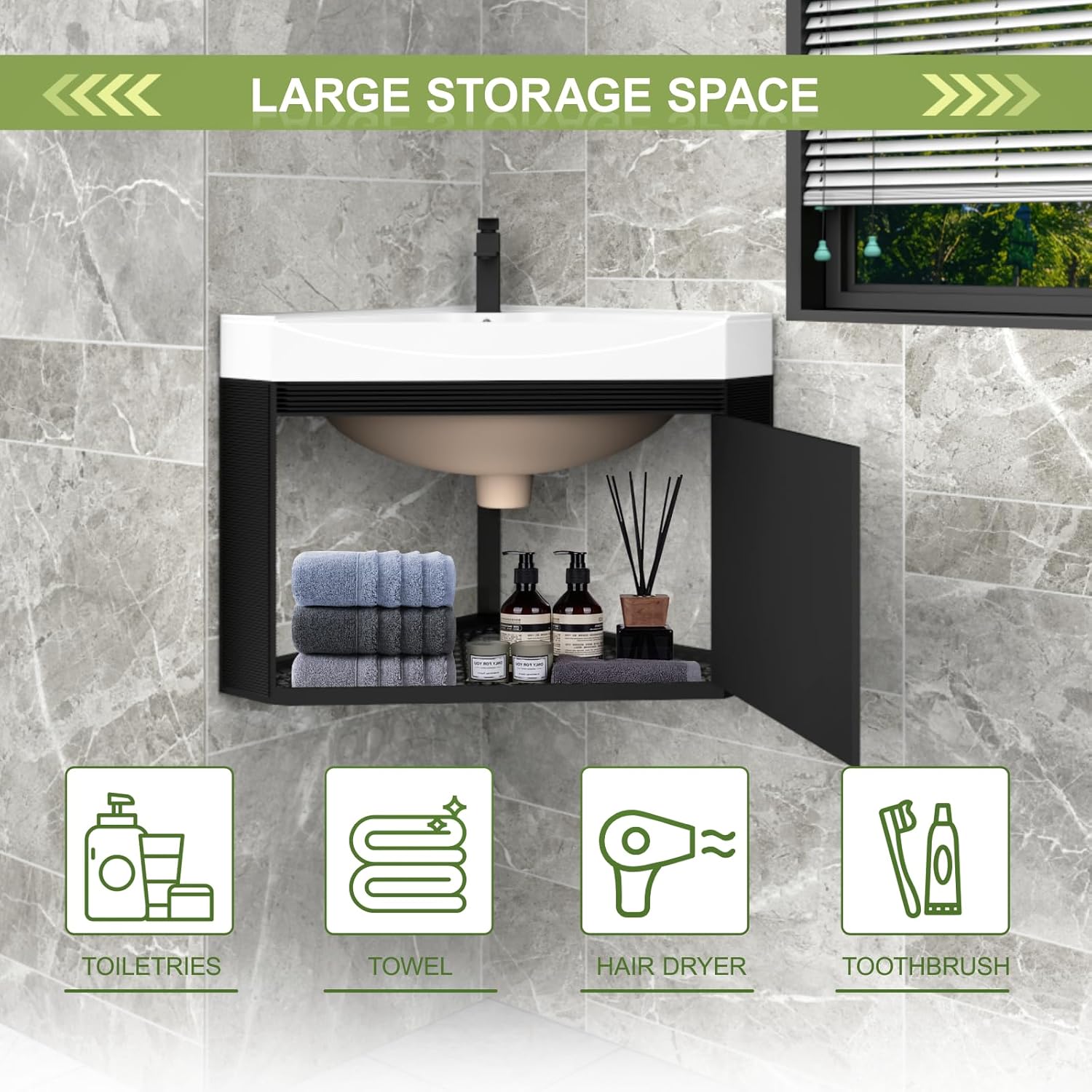 Corner Bathroom Vanity with Metal Cabinet, Modern Corner Bathroom Vanity, Wall Mount Small Utility Sink, Pedestal Sink Set with Drain, Console Sink(Black, 16.53in)