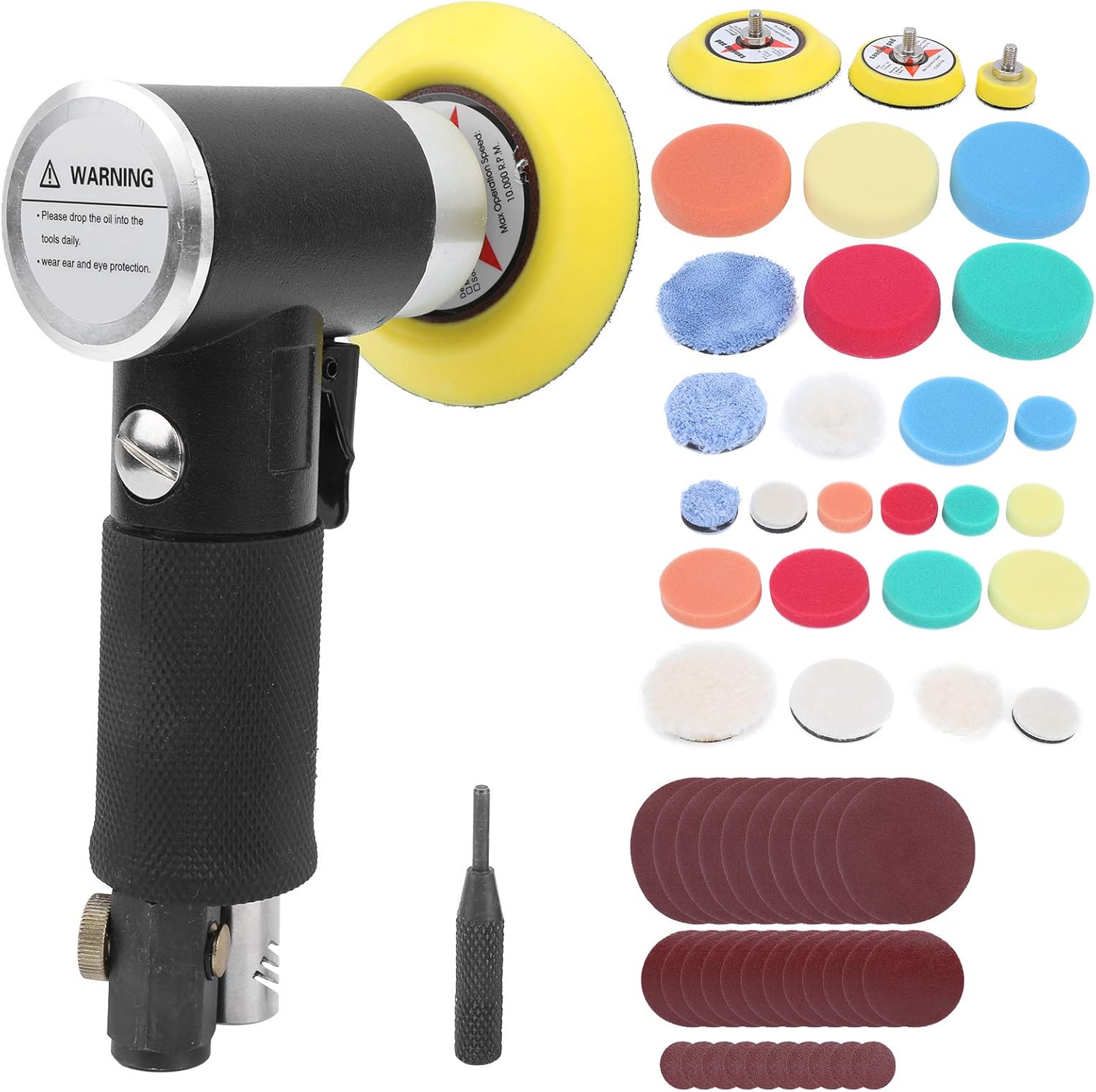 Ymiko Buffer Polisher, 60Pcs Air Sander Black Eccentric Pneumatic Car Polisher Car Set Polishing Kit Waxing Polishing Sanding Machine AT-1500H60 (#1)