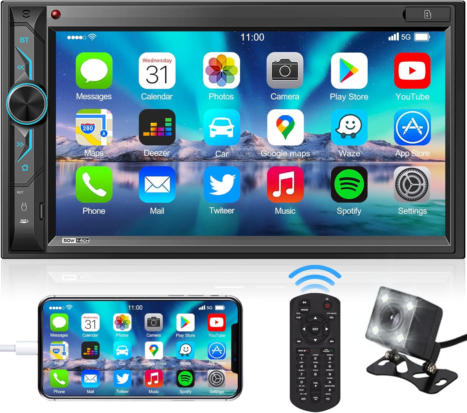 Double Din Car Stereo with Bluetooth: 7inch HD Car Multimedia Receiver – Car Audio MP5 Player | LCD Capacitive Touchscreen | Phonelink | Backup Camera | USB/SD/AUX Input | AM FM Car Radio | SWC