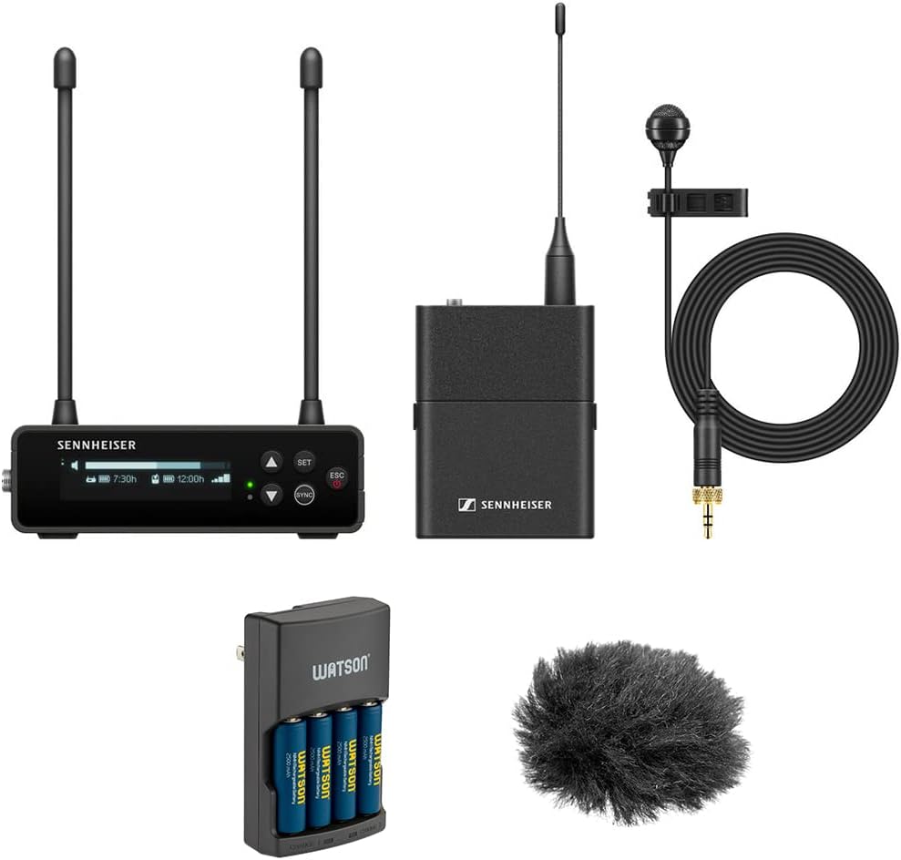 Sennheiser EW-DP ME 4 Set Camera-Mount Digital Wireless Cardioid Lavalier Mic System (R1-6: 520 to 576 MHz) Bundle with Auray WLW Fuzzy Windbuster and Watson Rapid Charger with 4 AA Batteries