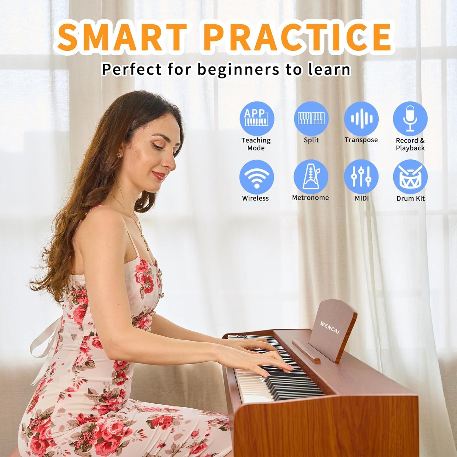 WENCAI 88 Key Fully Weighted Electric Piano Keyboard Hammer Action Full-size Digital Pianos for Beginner Professional Wooden Upright Piano with Sheet Music Stand Triple Pedal Supports USB-MIDI Orange