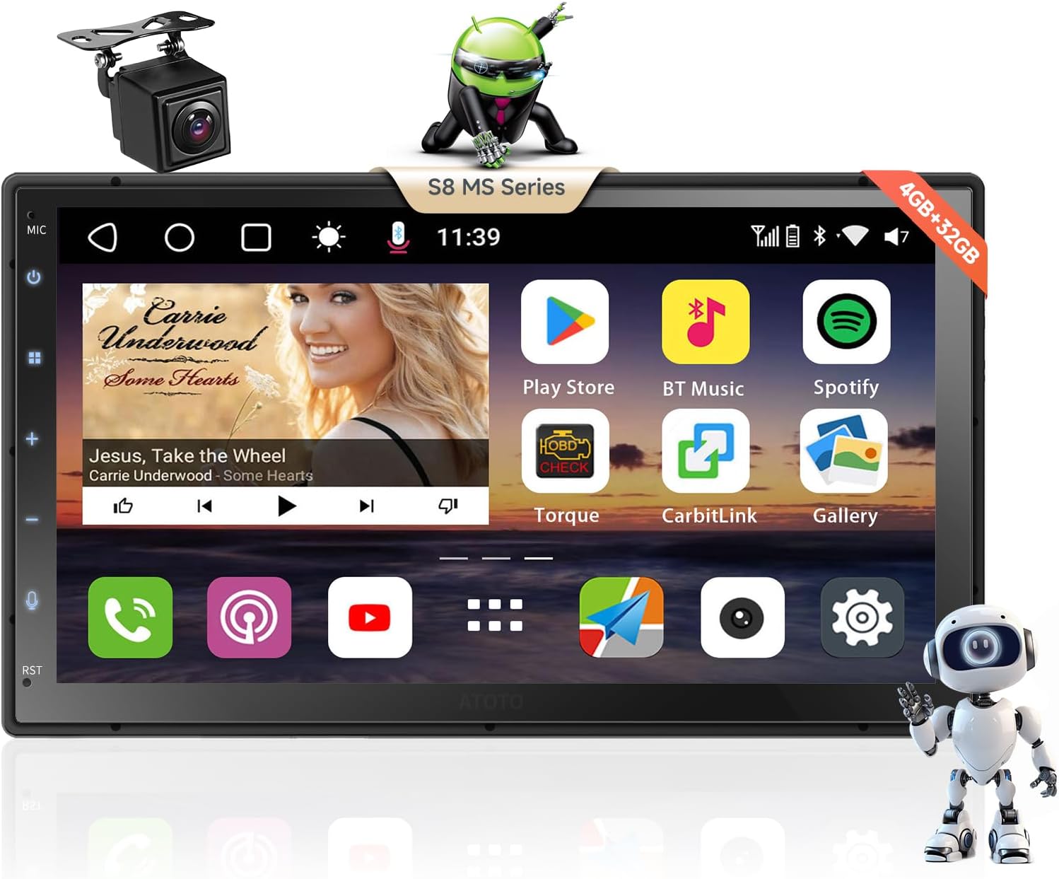 S8MS 8 Core 7 inch Android Double DIN Car Stereo with 4G LTE, Wireless CarPlay & Android Auto, WiFi/BT/USB Tethering, 32-Band EQ, DSP, GPS Tracker, Backup Camera, HD LRV, VSV, SCVC, 4G+32G