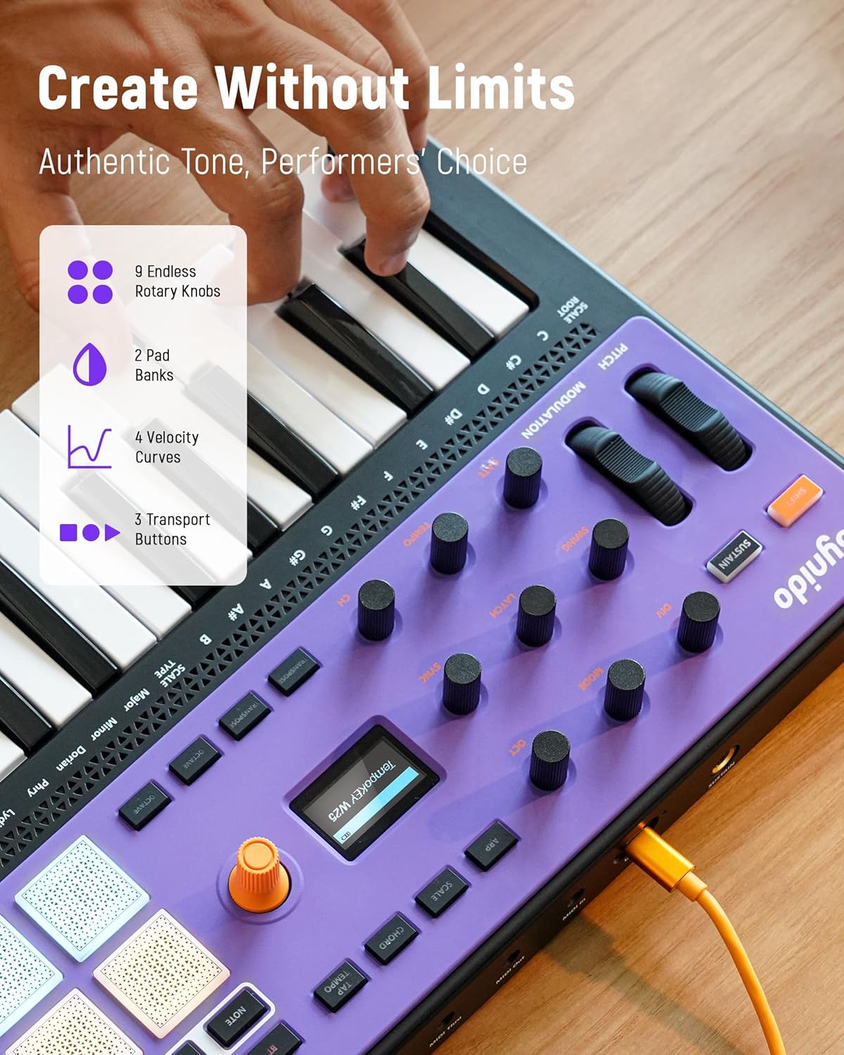 Synido Wireless USB C MIDI Controller Keyboard 25 Keys Rechargeable with 8 Velocity RGB Pads and Live Solo USB C Audio Interface for Recording Music, Streaming, Podcasting