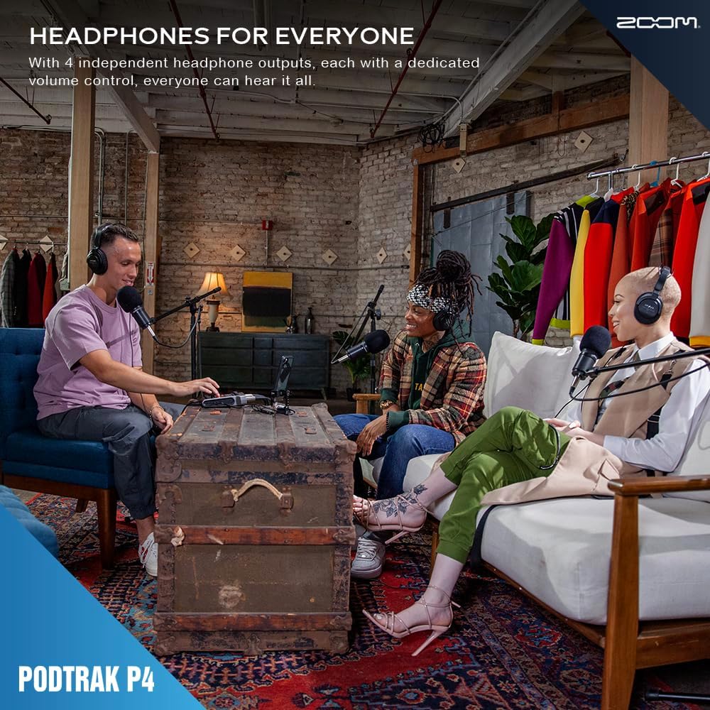 Zoom PodTrak P4 Portable Multitrack Podcast Recorder, Audio Interface w/ 4 Mic Inputs, 4 Headphone Outputs with 64GB SD, 2X XLR Cable, Headphone w/Built-in Mic, Batteries, and More