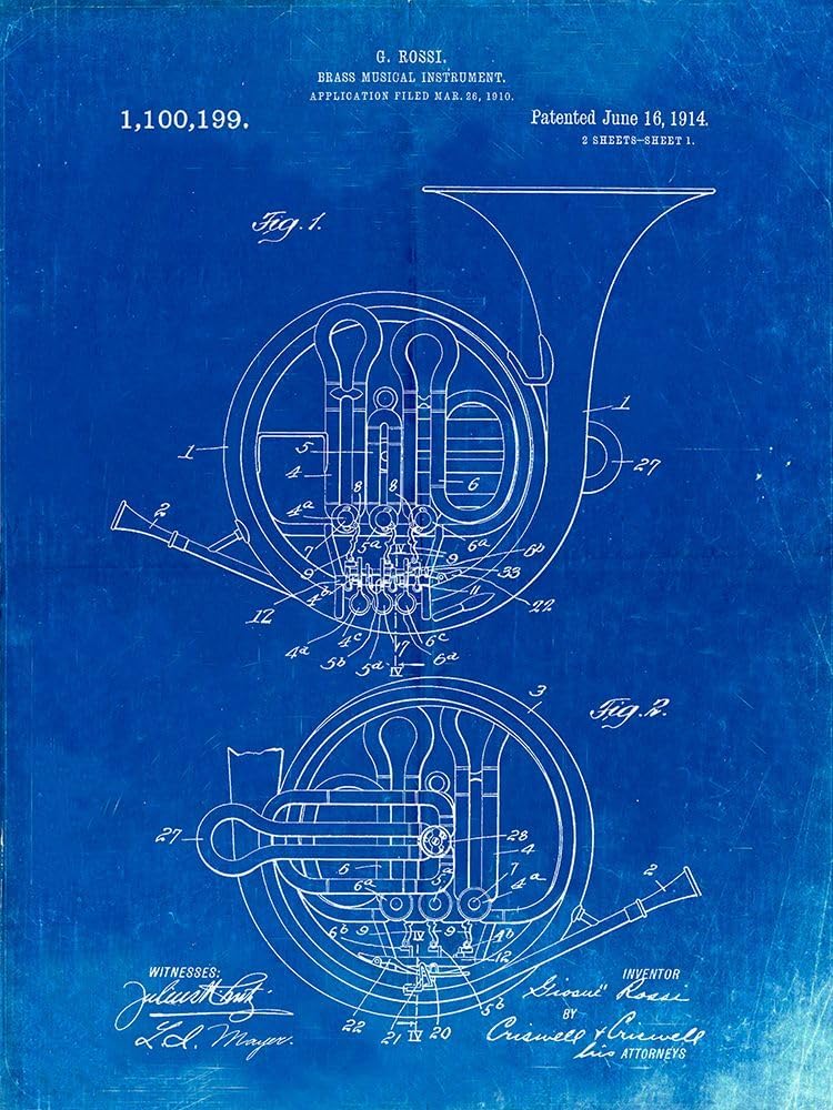 PP188- Faded Blueprint French Horn 1914 Patent Poster Poster Print - Cole Borders (24 x 36)