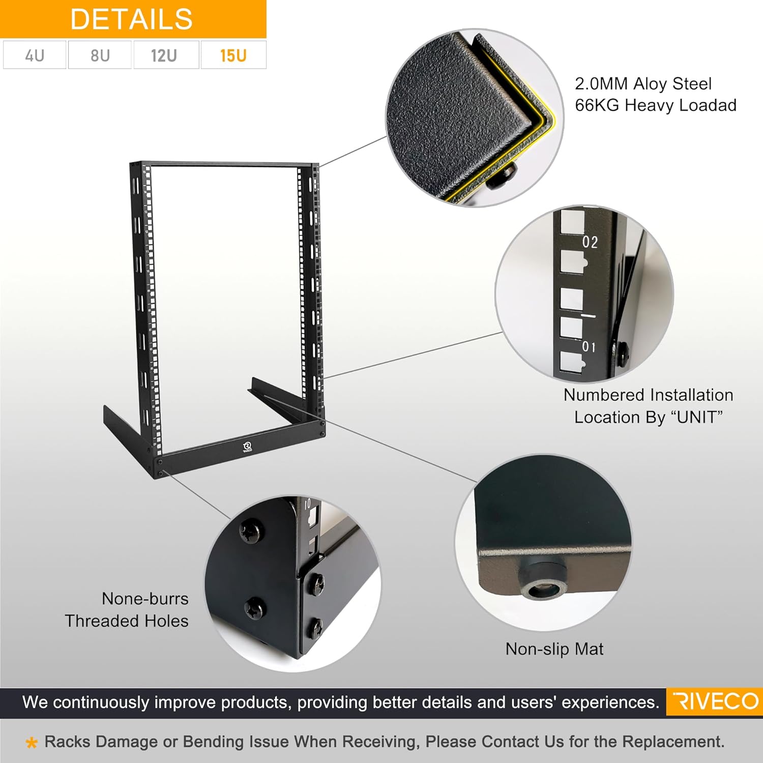 RIVECO 15U Desktop Rack for Audio & Network Devices 19 Inch 2 Post Open Frame Shelf with Reinforced Beam, Free Standing Tabletop Racks for IT Server Sound AV Music Recording Equipment