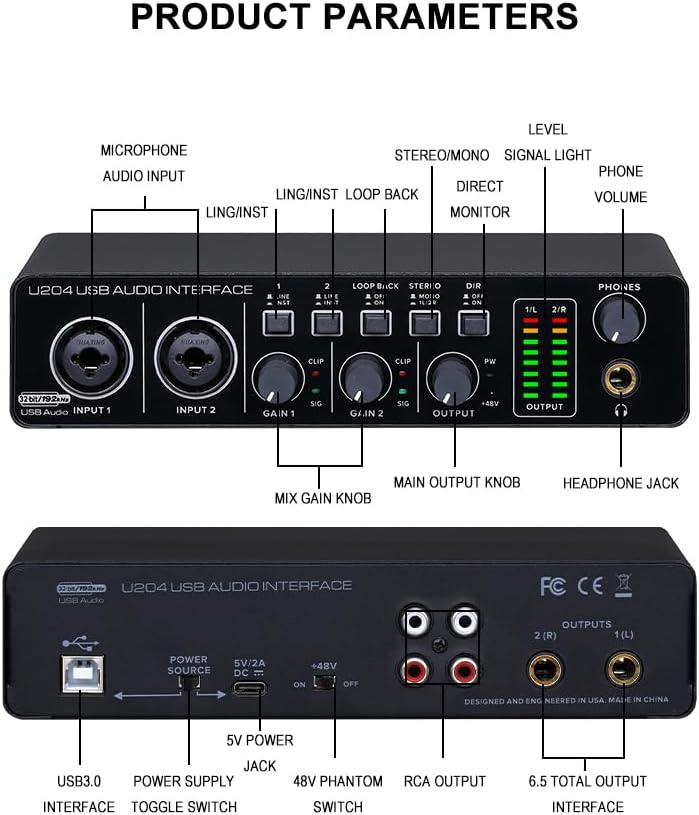 BOMGE U204 USB Audio Interface for PC Computer Recording Music, 2x2 Guitar Audio Interface for Mac 32Bit/192kHz Podcasting Streaming for Vocalist Producer with 48V Phantom
