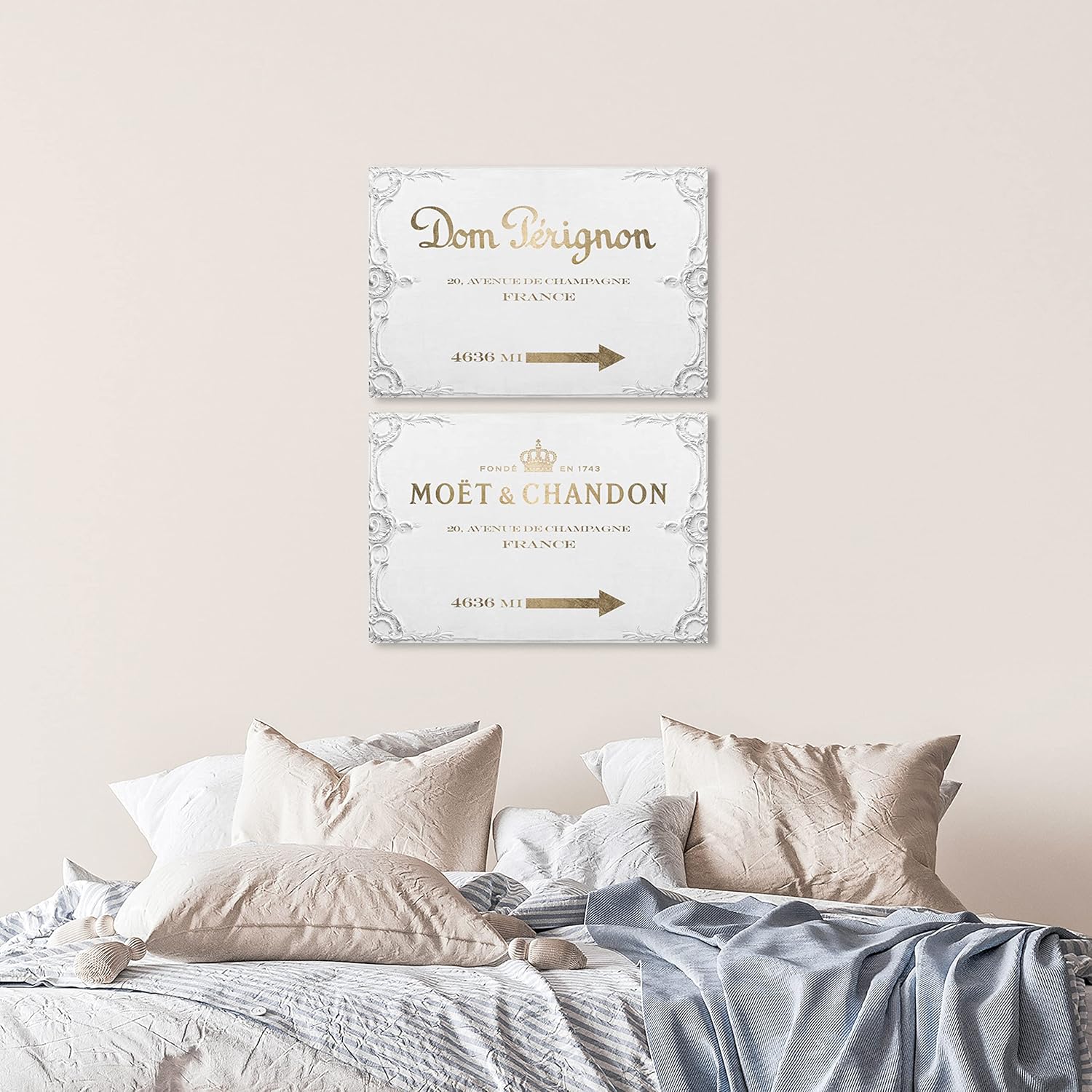 The Oliver Gal Artist Co. Fashion and Glam Contemporary Vintage Wine Lettering Canvas Wall Art Dom Star Champagne Road Sign SET Living Room Bedroom and Bathroom Home Decor 30 in x 20 in Gold and White
