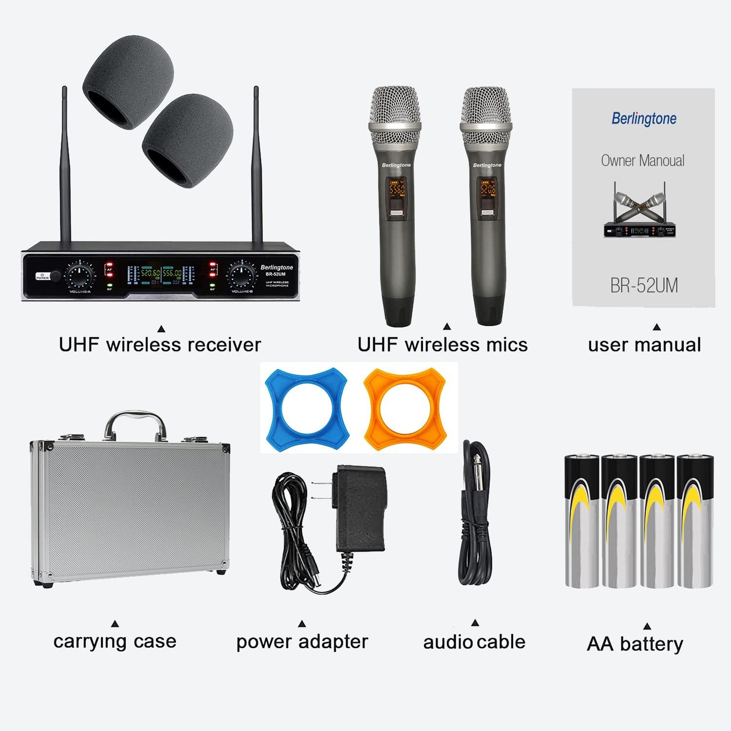 Professional Dual Dynamic Handheld UHF Wireless Microphone System, Metal Microphone and Base, for Singing, Karaoke, Church, Wedding, Meeting, up to 260ft Range (BR-52UM)
