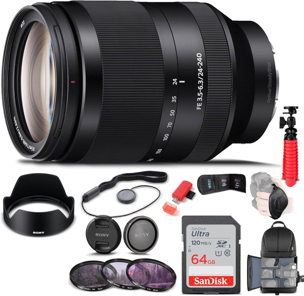 Sony FE 24-240mm f/3.5-6.3 OSS Lens (SEL24240) + Filter Kit + Backpack + 64GB Card + Card Reader + Flex Tripod + Memory Wallet + Lens Cap Keeper + Cleaning Kit + Hand Strap + More (Renewed)