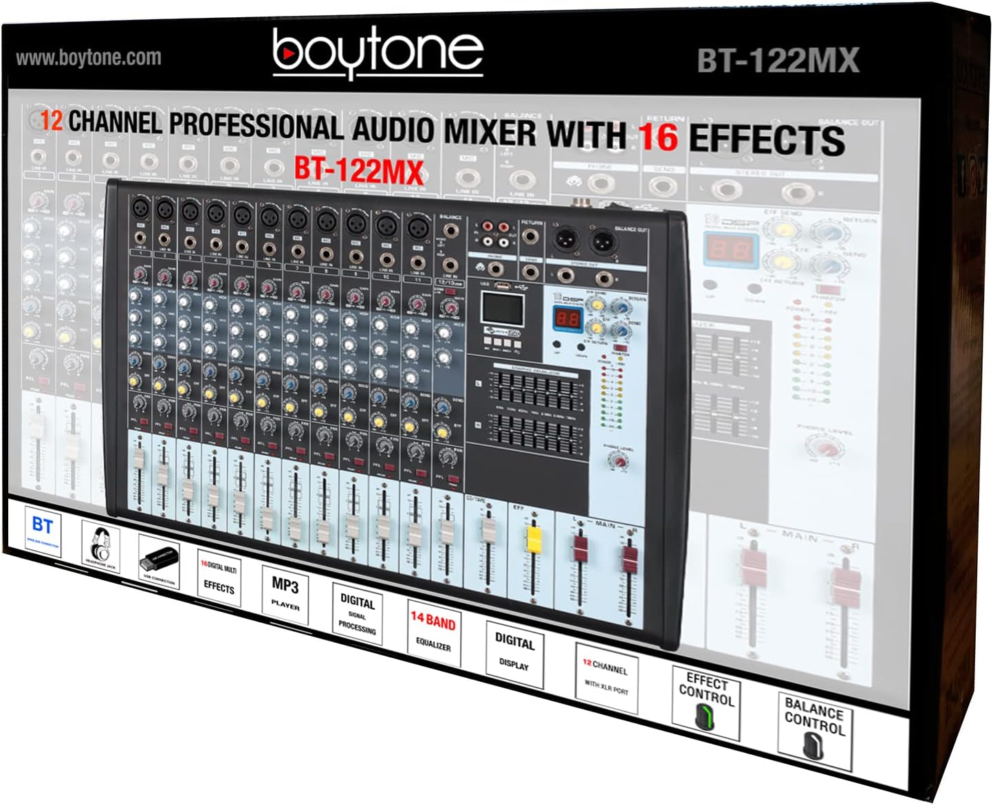 Boytone 12-Channel Professional Bluetooth Audio Mixer, PC Recording, 16 DSP Effects, 48V Phantom Power, 11 Mic Jack, DJ Stereo Input Soundboard Studio Controller, 14 Band EQ, RCA, Unpowered (BT-122MX)