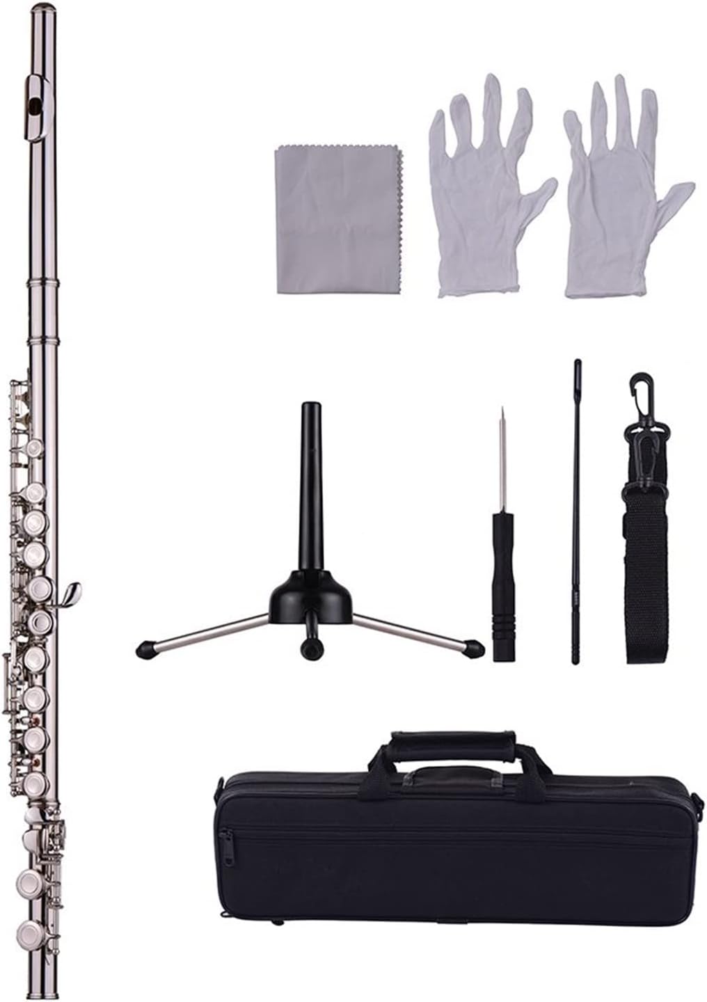 Flute Kit 16-Hole Concert Flute C Key Cupronickel Material Silver Plated Wind Instrument with Cleaning Cloth Padded Carry Case Intermediate Flute