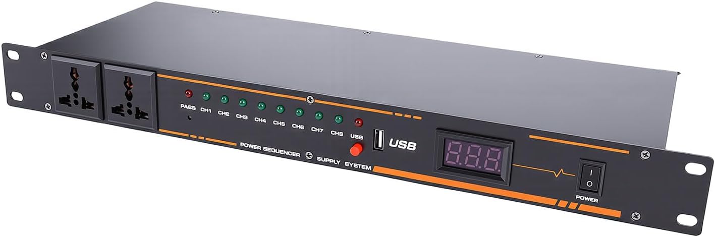 PUSOKEI 10 Outlet Power Sequencer Conditioner, Audio Equipment Power Sequencer Regulator with Digital Display, Rack Mount, for Home Theater, Stage, Studio (10 Outlet)
