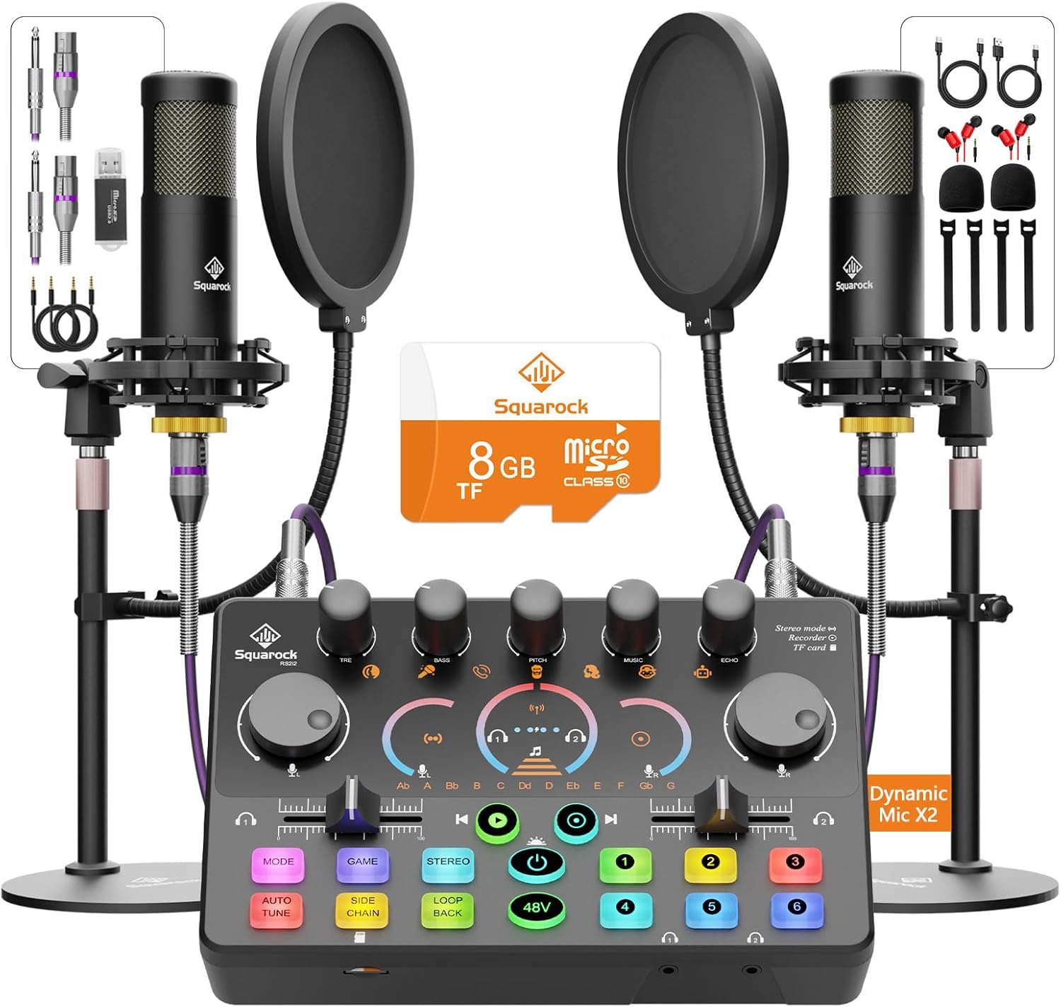 Podcast Equipment Bundle for 2, with XLR Dynamic Microphone, TF card, 5RGB,Surround Sound,Suitable for Live Streaming/TikTok/YouTube, Compatible with iOS,Android,PC,Camera RS2