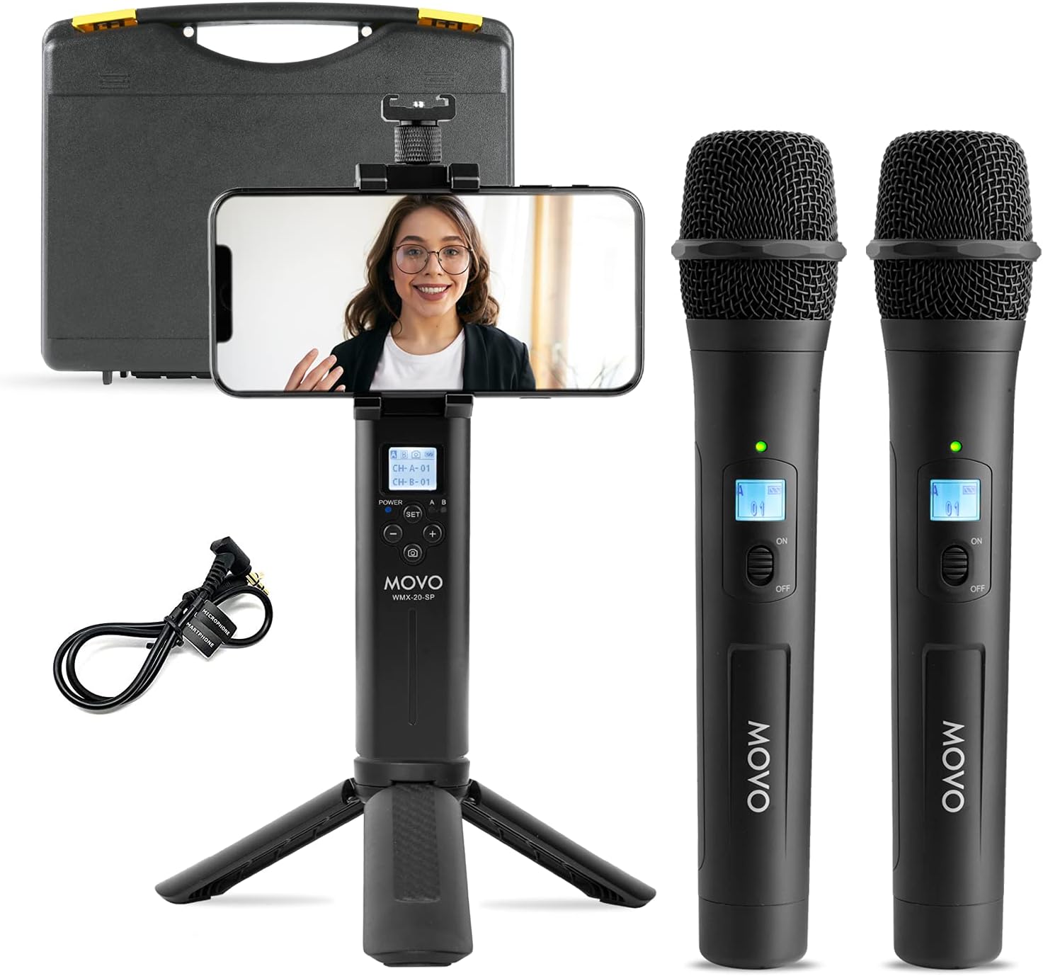 Movo 48-Channel UHF Wireless Microphone System for Interviews - 2X Handheld Wireless Microphones, Smartphone Receiver, and Mini Tripod - Cordless Microphone Set for Interviewer, Vlogger, Reporter