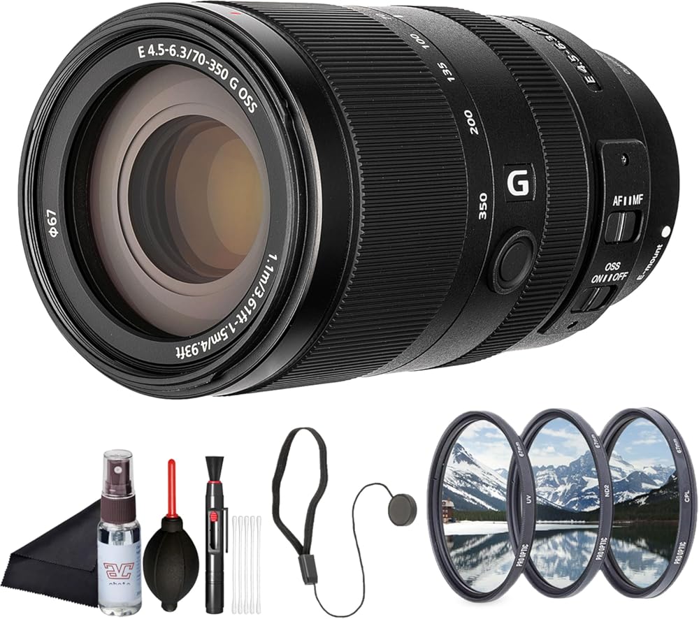 Sony E 70–350mm F4.5–6.3 G OSS Super-Telephoto Zoom Lens (SEL70350G) – APS-C E-Mount | Optical SteadyShot | Filter Kit, Cap Keeper, Cleaning Kit