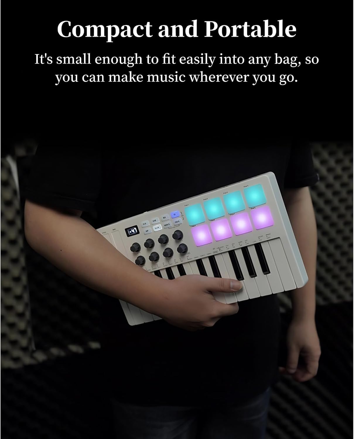 MIDI Keyboard Controller, 25 Key Portable Bluetooth MIDI Controller with 8 Backlit Drum Pads 8 Knobs, Mini Beat Maker for Music Production for Beginners Music making