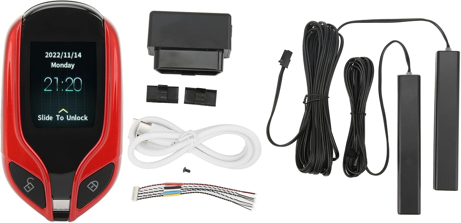 Smart Key, LCD Remote Entry System Compatible with All , PKE Keyless Start Button Controller, Universal Car Key Long Standby (Red)
