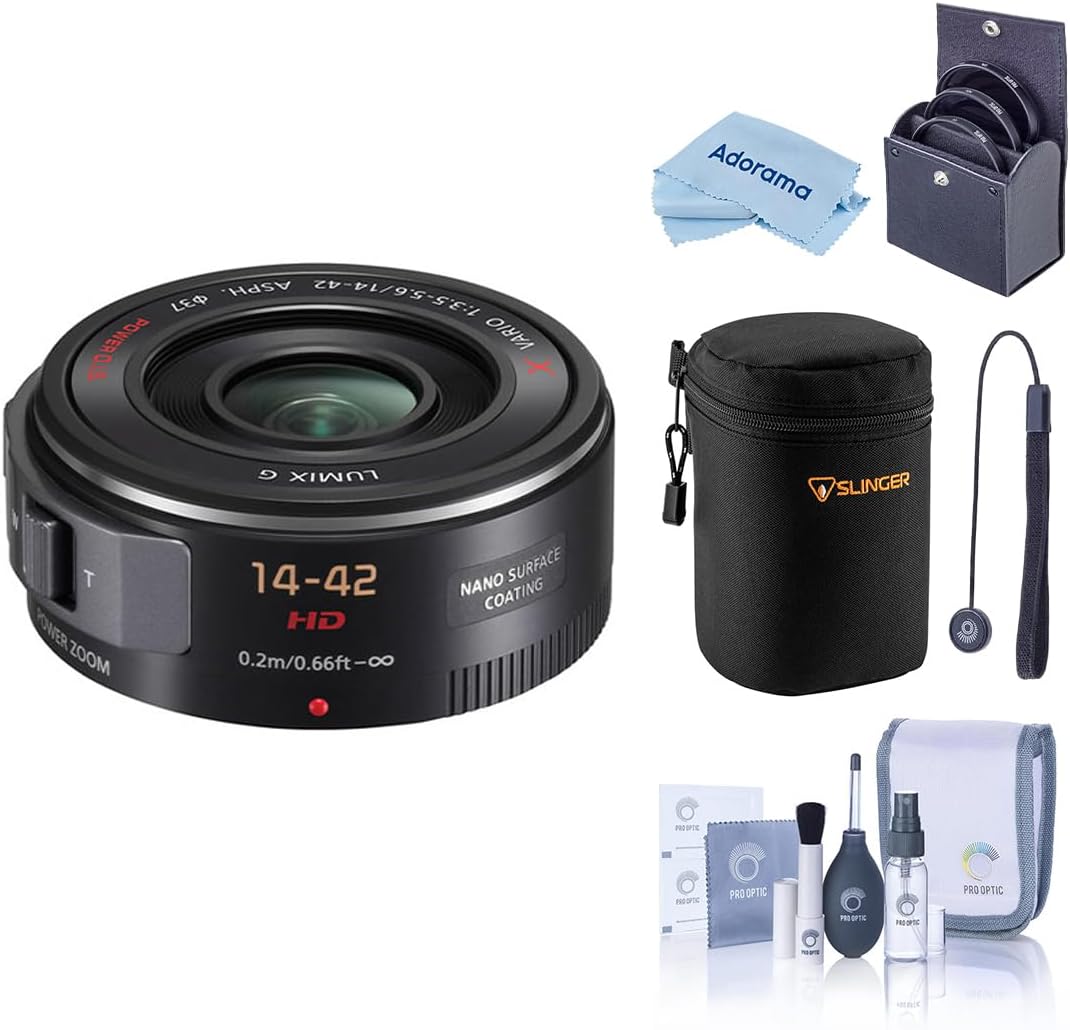 Panasonic LUMIX G X Vario PZ 14-42mm f/3.5-5.6 Aspherical Lens for Micro Four Thirds, Black, Bundle with 37mm Filter Kit, Lens Case, Cleaning Kit, Lens Cap Tether and Cleaning Cloth