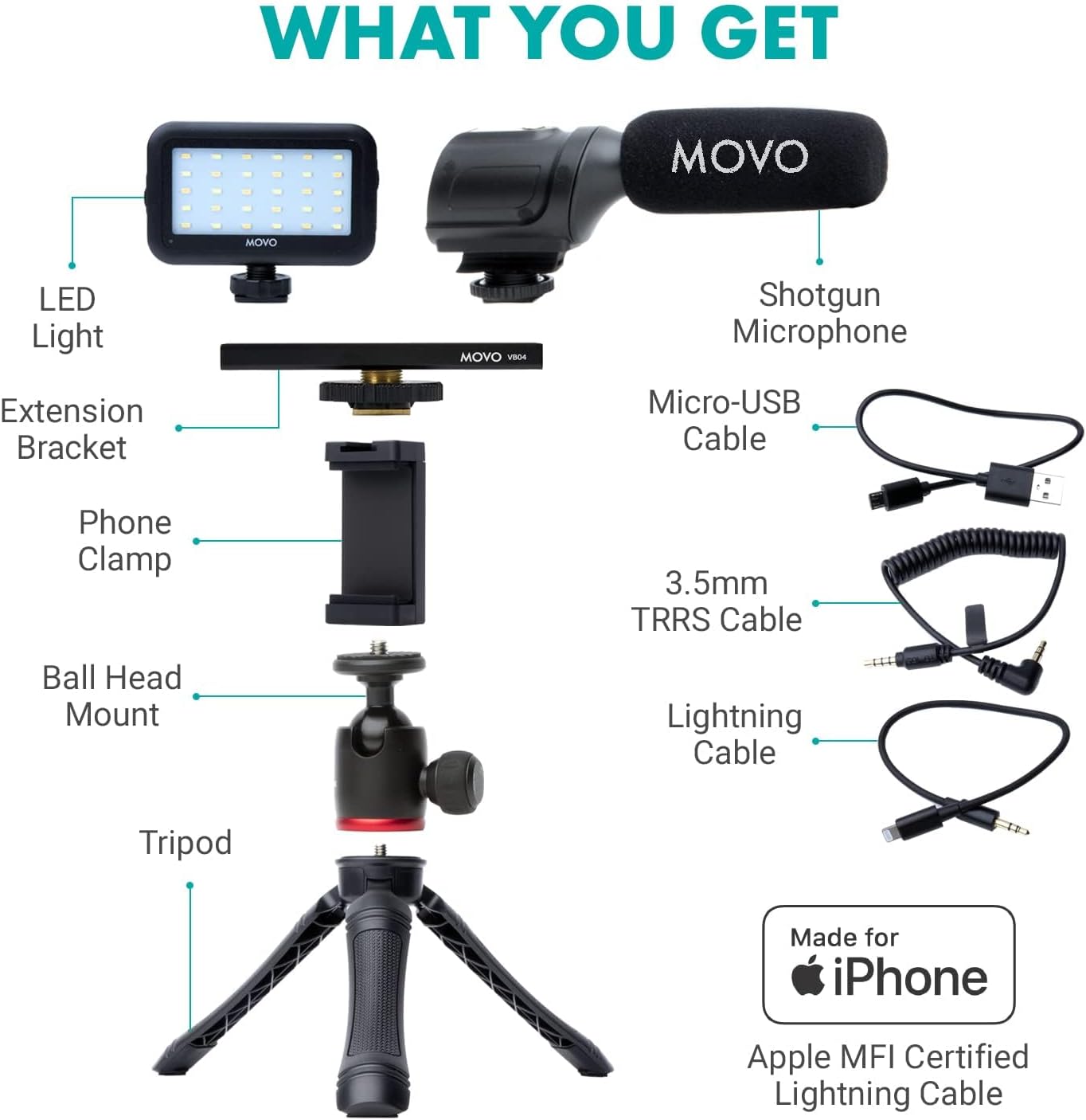 Movo iVlogger Vlogging Kit for iPhone - Lightning Compatible YouTube Starter Kit for Content Creators - Accessories: Phone Tripod, Phone Mount, LED Light and Shotgun Microphone