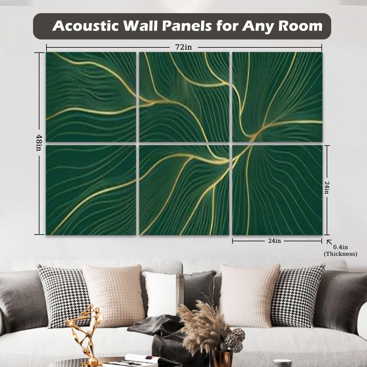 6 Pack Art Acoustic Panels Luxury Golden Emerald Abstract Line Texture Green Emerald Design For Soundproof Wall Panels Padding Decorative Sound Absorbing Panels 72