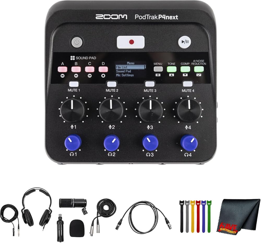Zoom PodTrak P4next Portable Multitrack Podcast Recorder, 4 XLR Inputs +70 dB Gain, AI Noise Reduction, 48 kHz/24-Bit Recording Bundle with ZDM-1 Podcast Mic Pack, Podcast Microphone, ZHP-1 Headphone