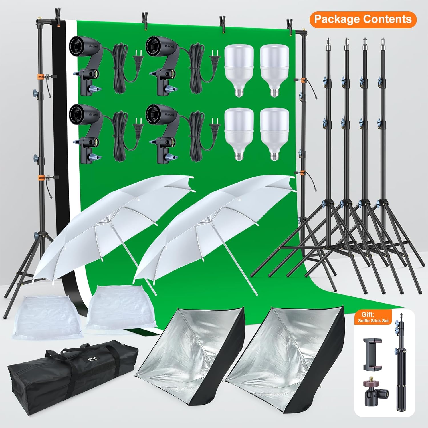 LINCO Lincostore Photo Video Studio Light Kit AM169 - Including 3 Color Backdrops (Black/White/Green) Background Screen