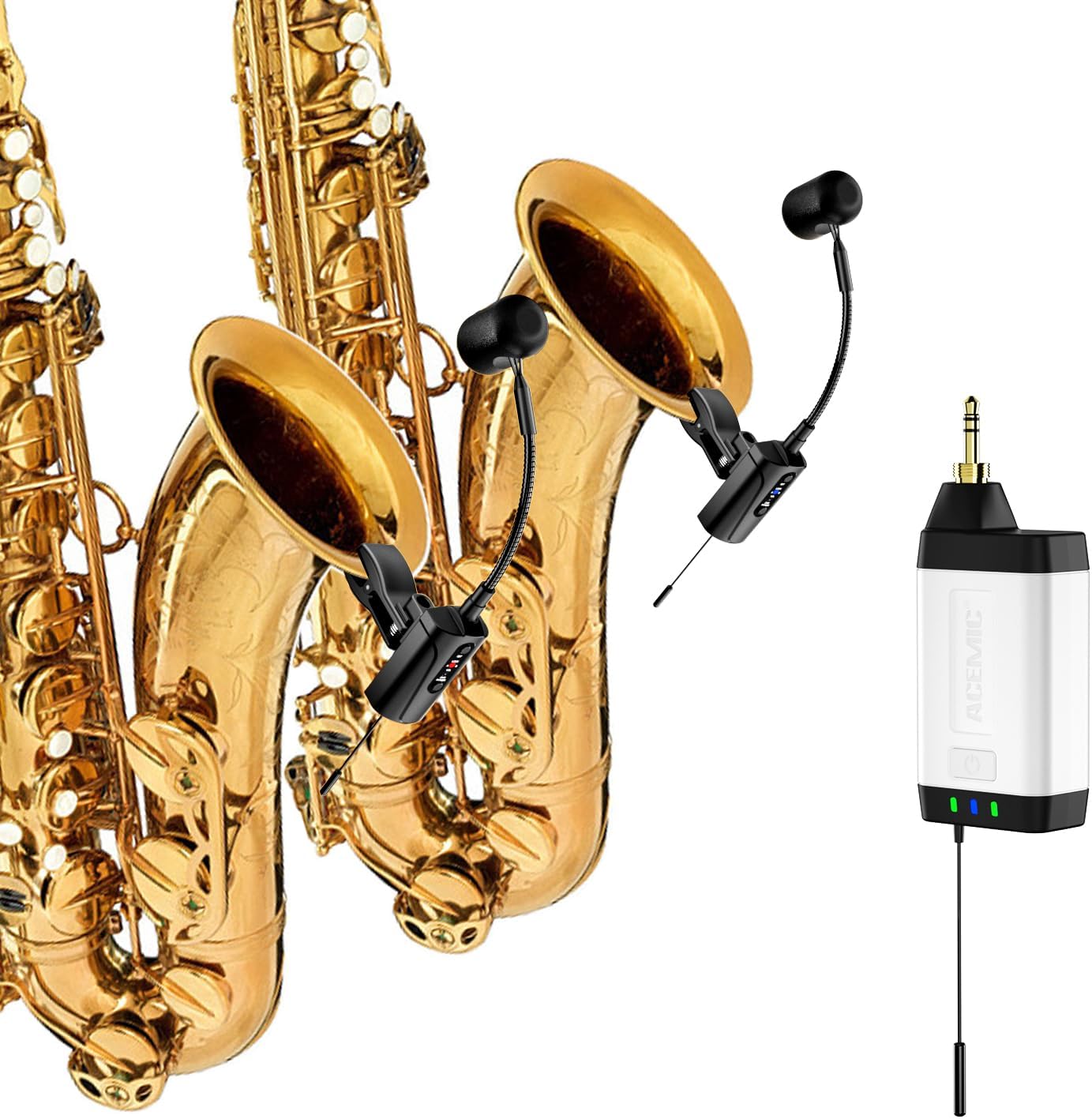 Dual UHF Saxophone Wireless Sax Microphone Instrument UHF Condenser Pick Up Clip-on Mic 1 Receiver and 2 Transmitter System for Saxophone French Horn Trumpet Trumbone,Q2/ST-5