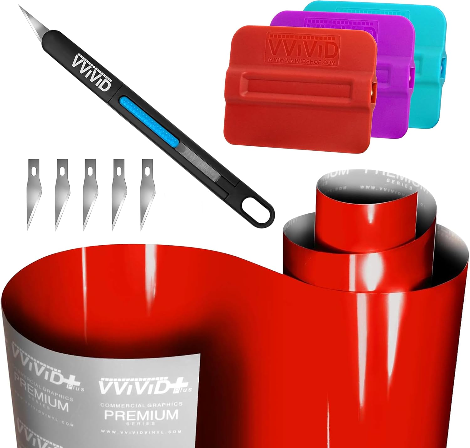 VViViD+ Ultra Gloss Racing Red Automotive Vinyl Wrap (10ft x 5ft) + Magnetic Squeegees 3pcs (Hard, Medium and Soft) + Precision Gliding Knife with 10 Replacement Blades Bundle - M0