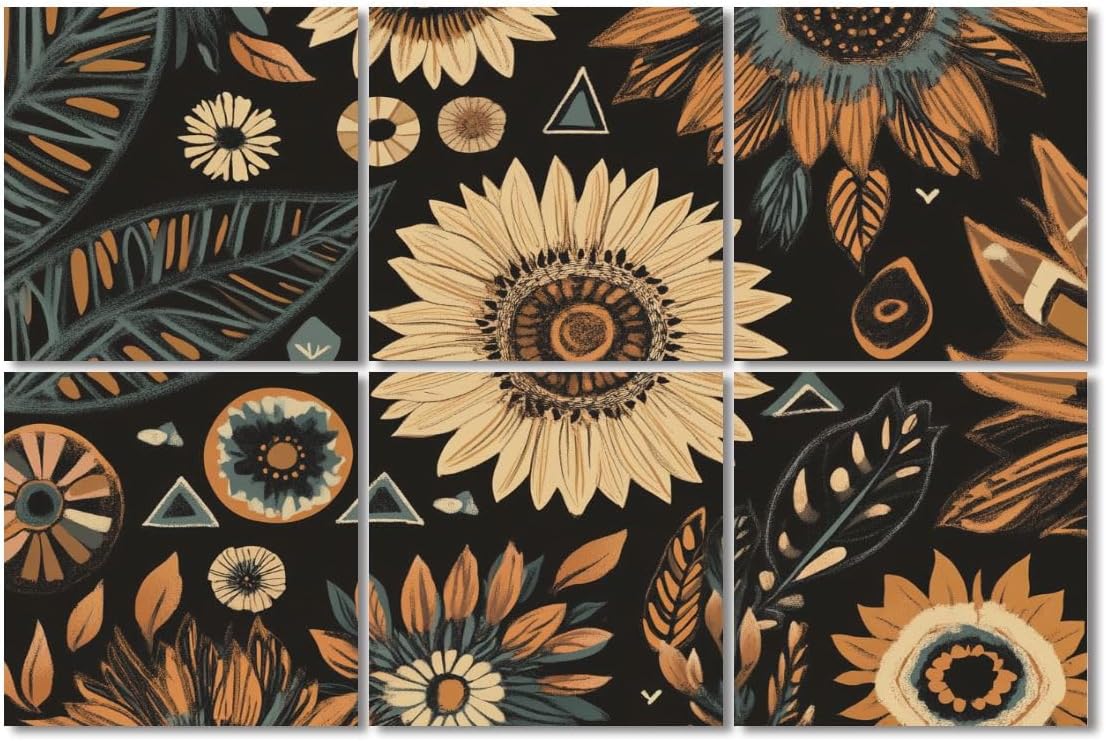 6 Pack Art Acoustic Panels Sound Absorbing Floral Boho Brown Peachpuff Green Retro Sunflowers Leaves Geometric Decorative Soundproof Wall Panels Self Adhesive for Recording Studios Office 72