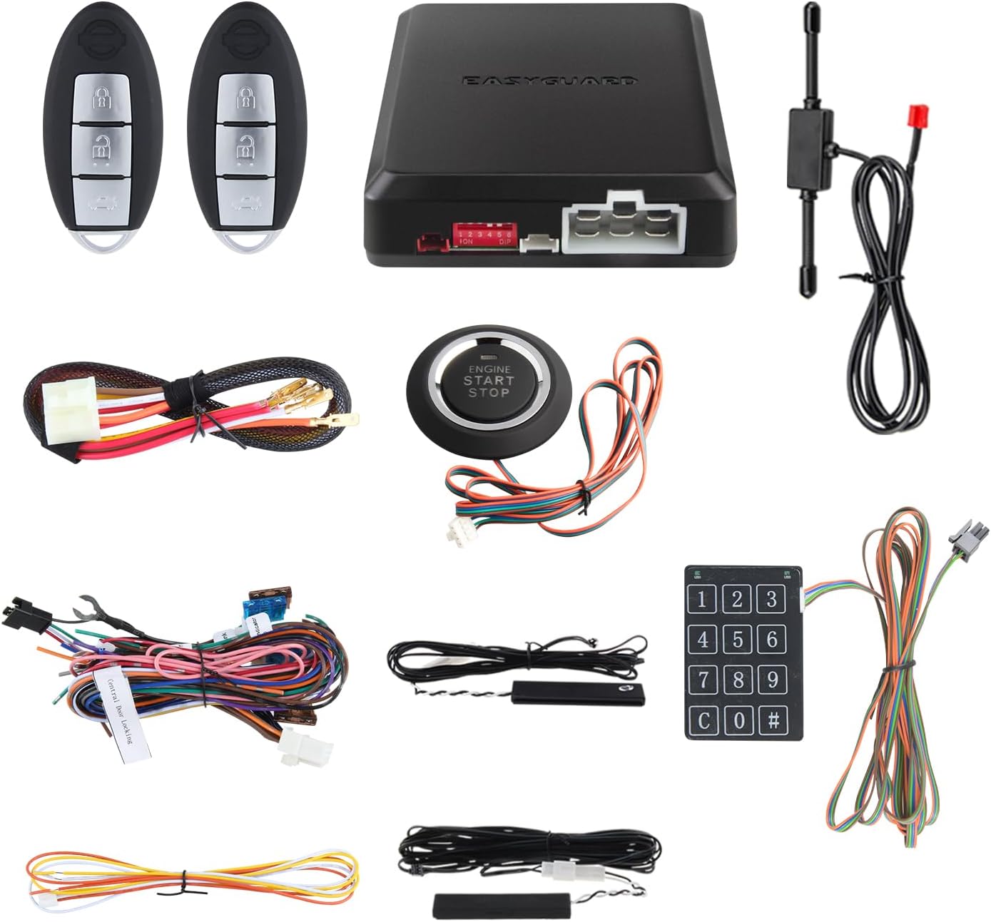 EASYGUARD EC002-NI Smart Key car Alarm System Remote Engine Start Push Button Start Touch Password Entry Universal Version Hopping Code FSK Technology