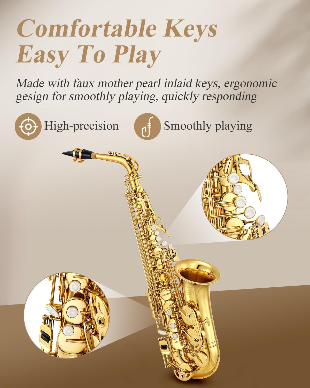 Eastar Student Alto Saxophone E Flat for Beginner Sax Full Kit with Carrying Case, Mouthpiece, Straps, Reeds, Stand, Golden Lacquer, AS-Ⅱ