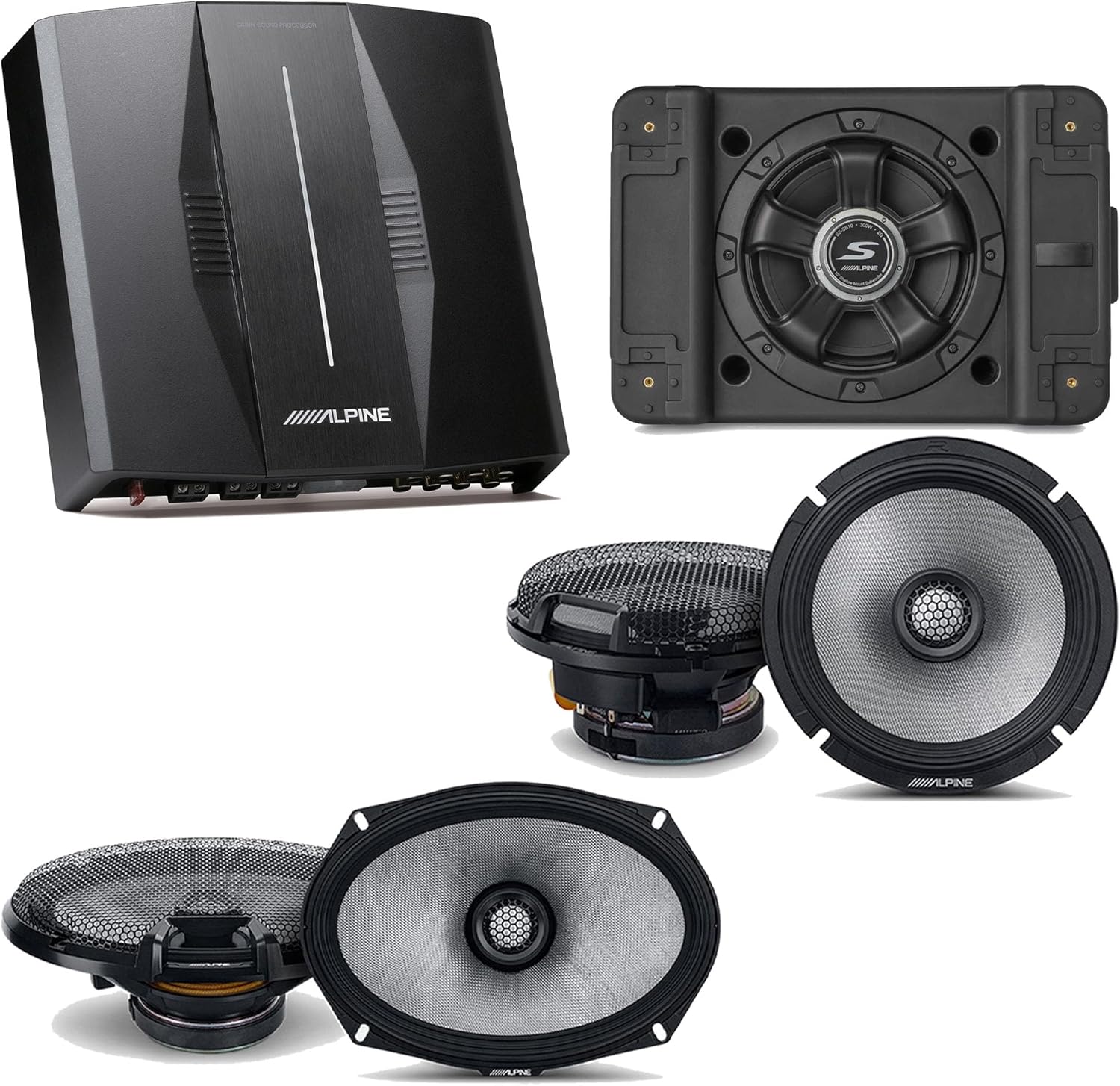 Alpine PXE-C80-88 OPTIM8 8-Channel Hi-Res Digital Sound Processor Amplifier w/SS-SB12 Subwoofer, R2-S65 & R2-S69 Bundle