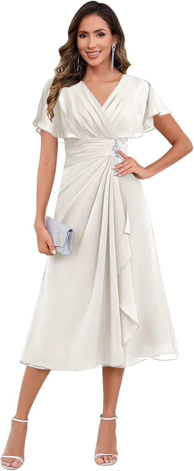 BANTRATIC Tea Length Mother of The Bride Dresses for Wedding V Neck Cap Sleeve Ruffle Chiffon Prom Formal Cocktail Gown