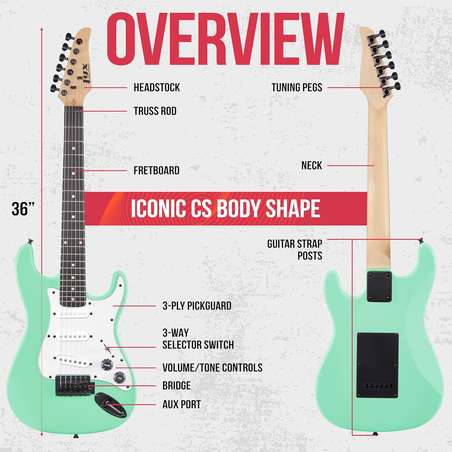 LyxPro CS 30” Electric Guitar Kit for Beginner, Intermediate & Pro Players with Guitar, Amp Cable, 6 Picks & Learner’s Guide | Solid Wood Body, Volume/Tone Controls, 5-Way Pickup - Green