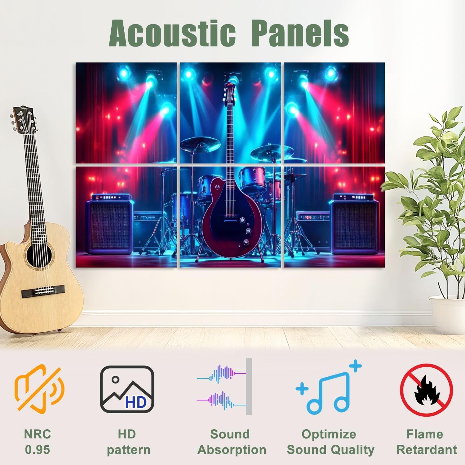 6 Pack Art Acoustic Panels Sound Absorbing Guitar Vintage Cave Electric Drum Set Amplifiers Stage Lights Decorative Soundproof Wall Panels Self Adhesive for Recording Studios Office 72