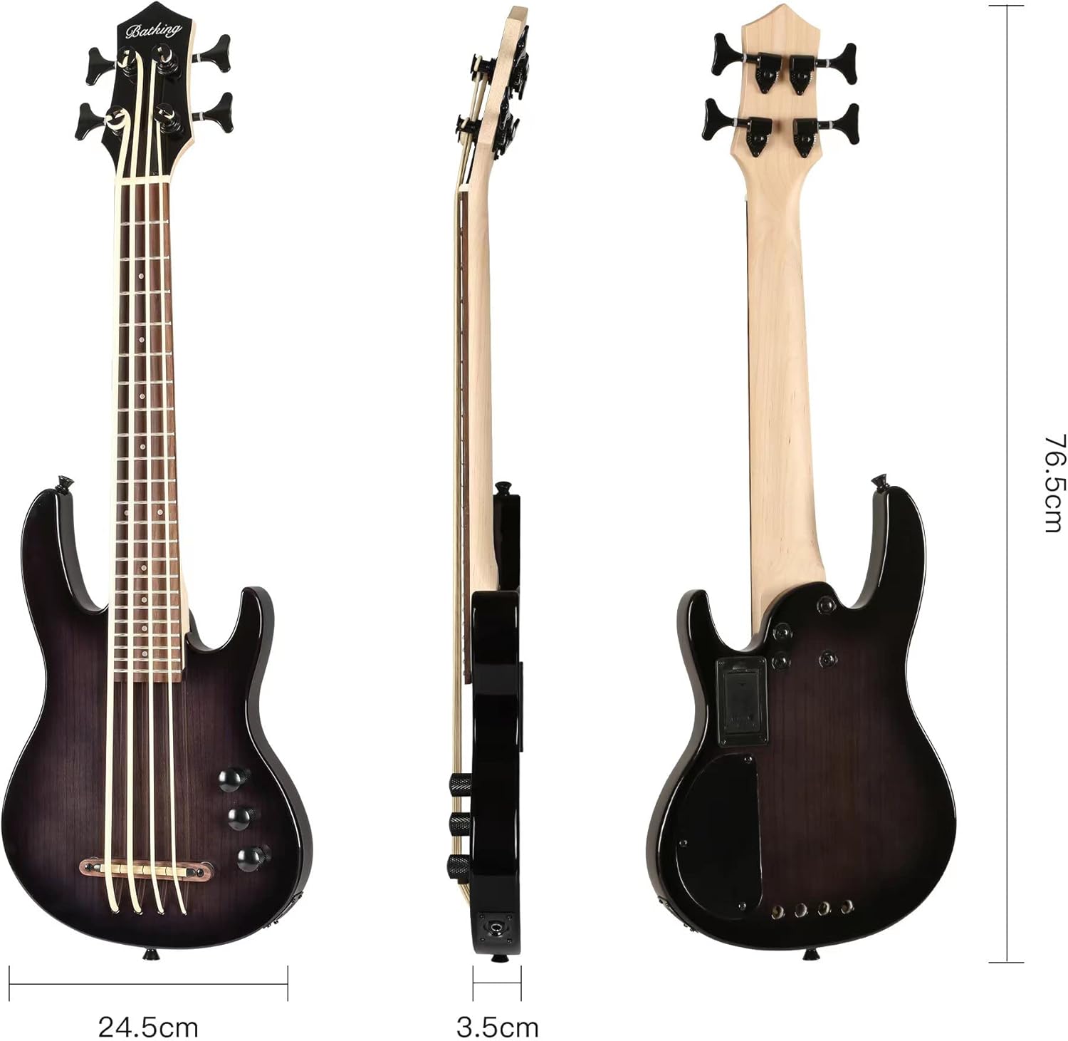 Batking Ukulele bass fretted 4 String Ukelele, Electric Uku bass with Gig bag(Black)