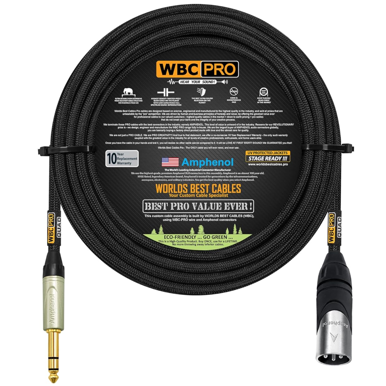 150 Foot - WBC-PRO-Quad Ultra-Silent Ultra-Flexible Balanced Star-Quad XLR to TRS Cable with Amphenol AX3M Male XLR & QS3P-AU Straight TRS Stereo Phone Plugs - Black Tweed Jacket