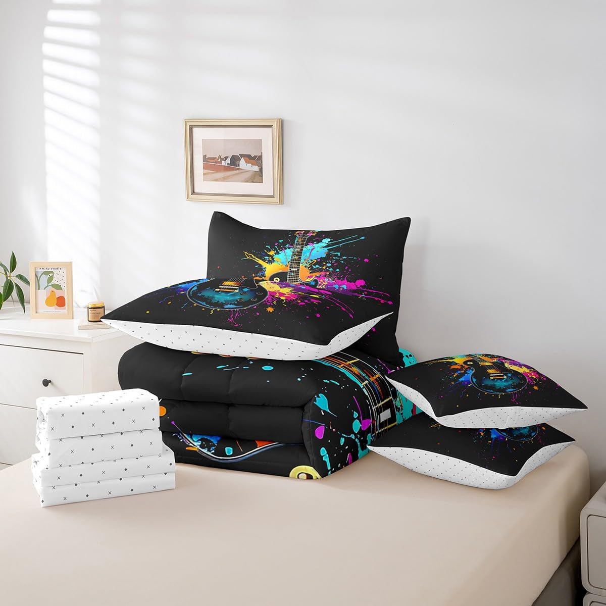 Feelyou Rock Music Bass Comforter Set 7 Piece Queen Size Kids Boys Girls Bedding Queen Comforter Set Guitar Bedding Set Soft Microfiber Bed Set with Sheets Pillowcase and Pillow Covers