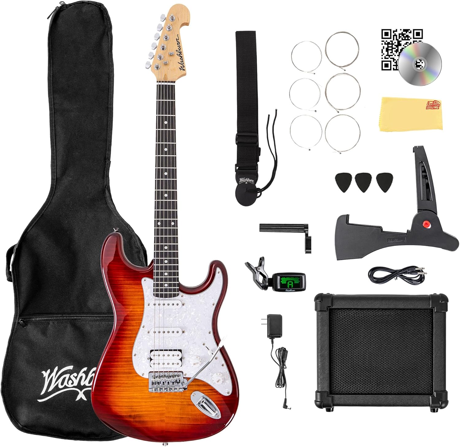 Washburn SDFSB Sonamaster Deluxe Electric Guitar Pack - Sunburst Bundle with Amplifier, Cable, Gig Bag, Strap, Picks, String Winder, Strings, Instructional DVD and Austin Bazaar Polishing Cloth