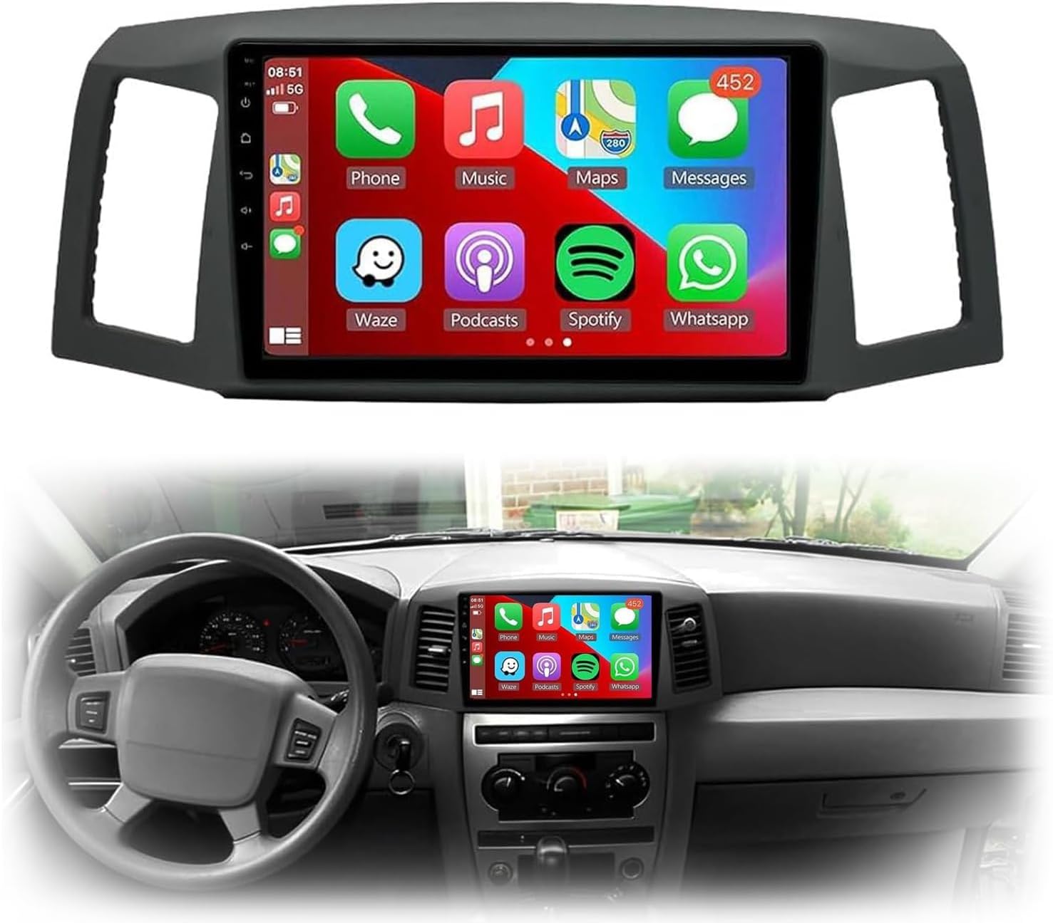 4+64G Android 14 Car Stereo Fit for Jeep Grand Cherokee 2004-2007 Radio Upgrade 10inch Touch Screen with Wireless Carplay Android Auto Backup Camera Mirror Link GPS SWC WiFi FM