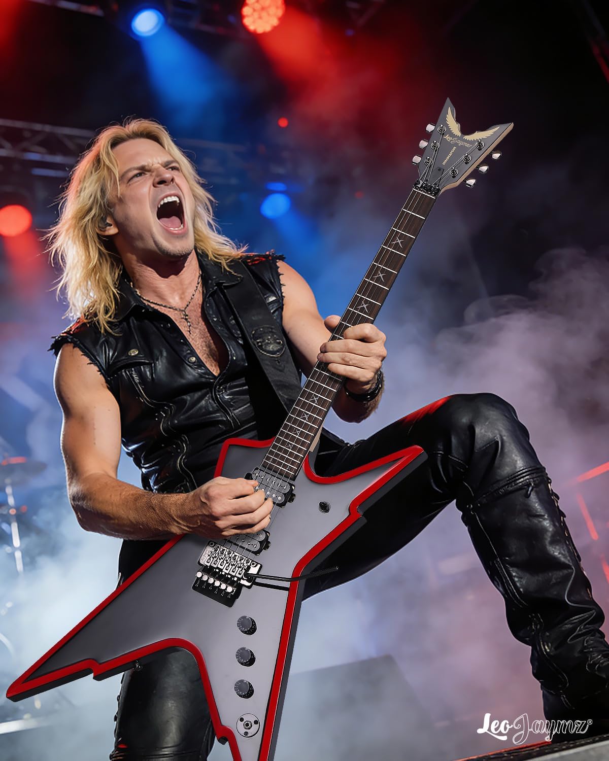 Leo Jaymz Diminator 6-String Electric Guitar, Bone Nut, 24 Fret, Mahogany Body with Roasted Maple Neck, Rose Wood Fretboard, Alnico V Pickups, Double Way Tremolo System With Locking Nut(Black-Red)