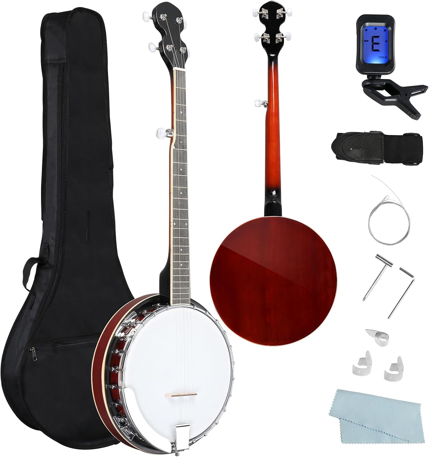 Full Size 5 String Right Handed Banjos Set with Closed Solid Sapele Back & Premium Mahogany Neck and Premium Accessories