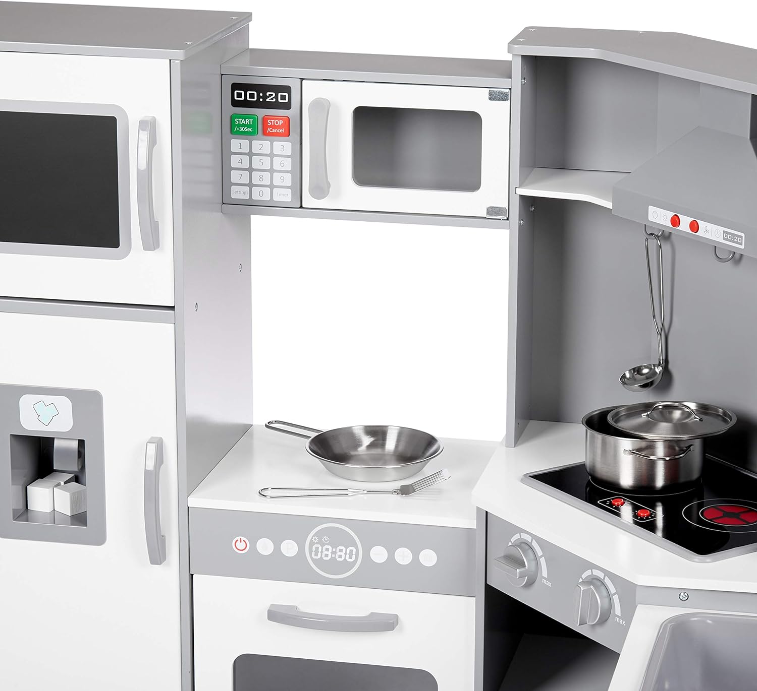 Amazon Basics Kids Corner Wooden Kitchen Toy Playset with Stove, Oven, Sink, Fridge and Accessories, for Toddlers, Preschoolers, Children Age 3+ Years, White & Gray, 39.37