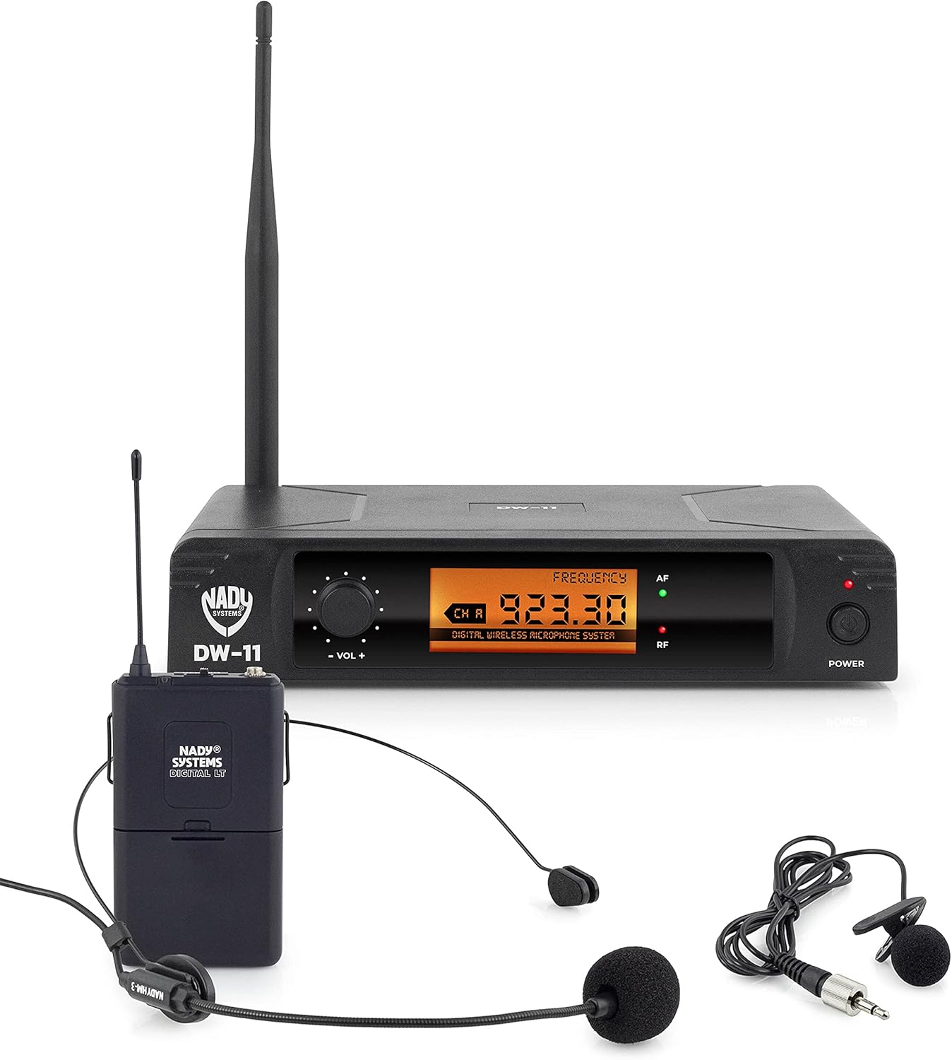 Nady DW-11-LT-HM Digital Wireless Lapel & Headset Microphone System – Ultra-Low Latency with QPSK Modulation - XLR and ¼” outputs - UHF Range - Fixed Frequency