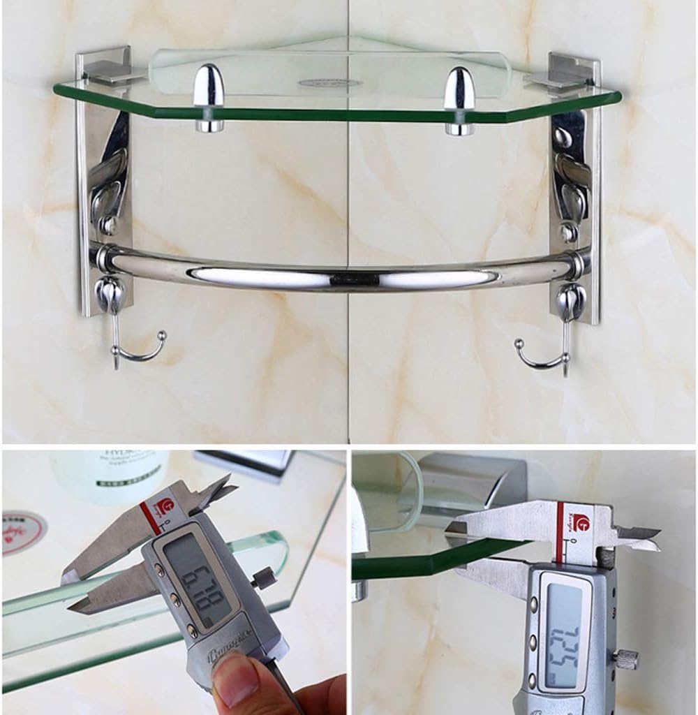 Glass Corner Shelf Bathroom Storage Rack with Towel Holder Bar Stainless Steel Wall Mount Shower Caddy Basket(B)