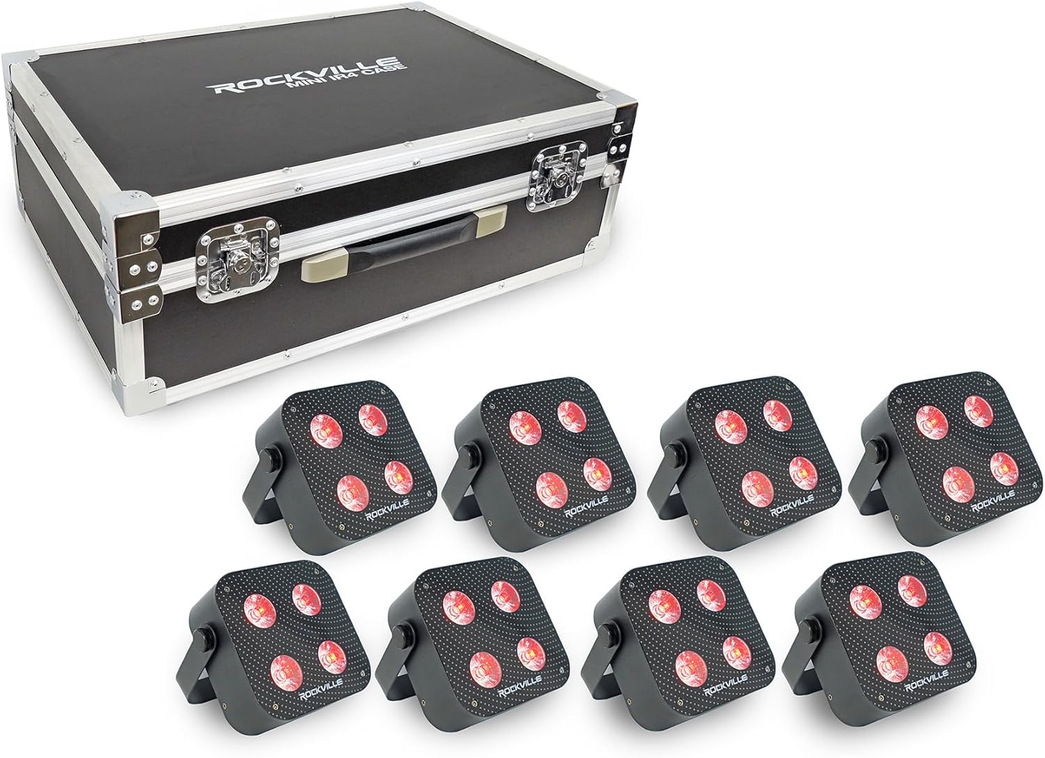 Rockville MINI IR4 Charge Package (8) 12W DJ Par Wash Up Lights + Charging Case, RGBWA+UV, App Control, Wireless DMX, Rechargeable Battery, for DJ Events and Parties